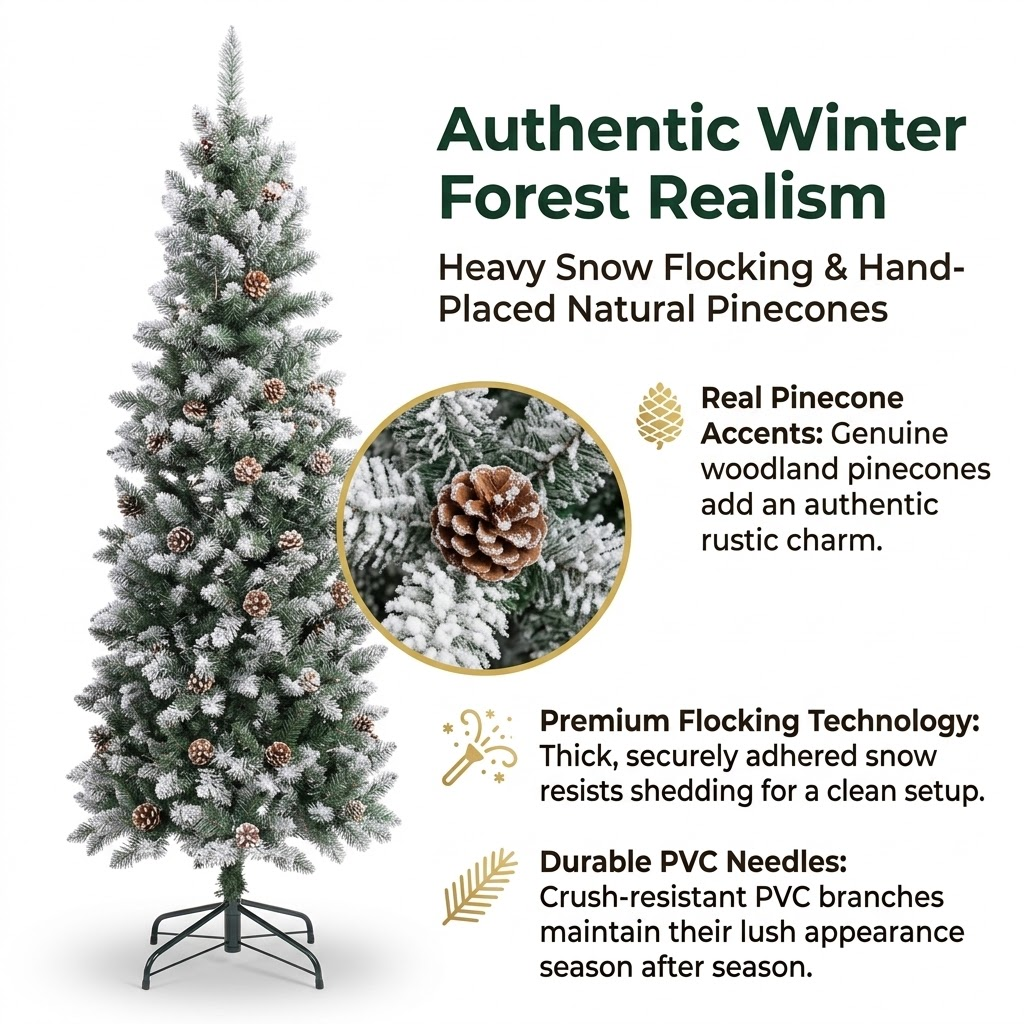 6ft Premium Slim Snow Flocked Unlit Artificial Christmas Tree with Pinecones (Pencil Style)