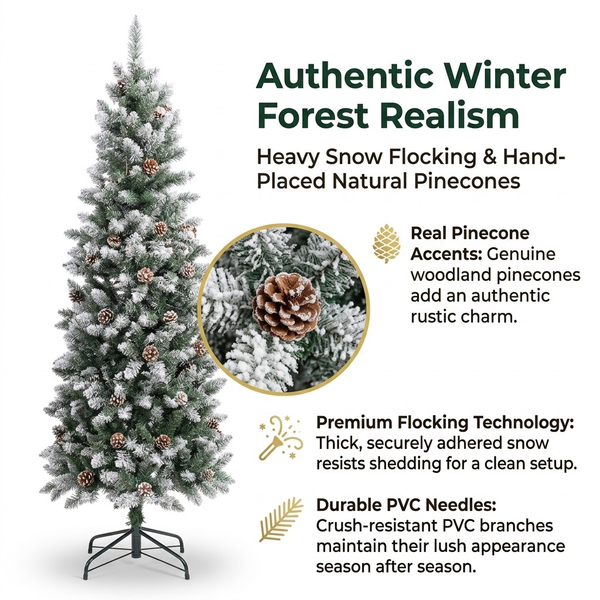 6ft Premium Slim Snow Flocked Unlit Artificial Christmas Tree with Pinecones (Pencil Style)