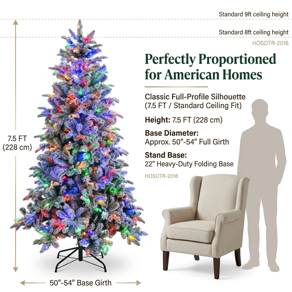 7 ft ZMF Christmas Tree with flocked branches, pre-lit multi-color LED lights, and PE and PVC hybrid construction.