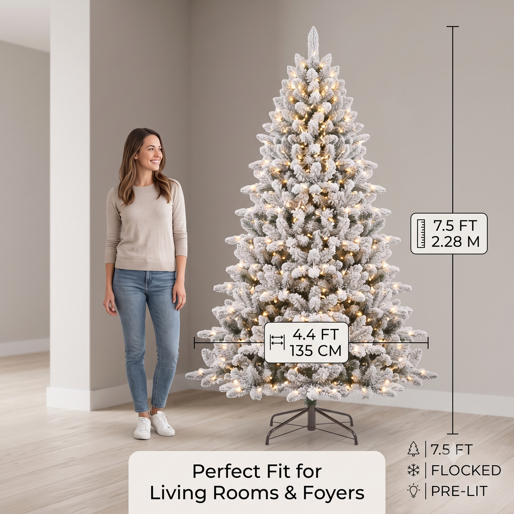 ZMF 7.5ft Pre-Lit Snow Flocked Christmas Tree | 11 Modes