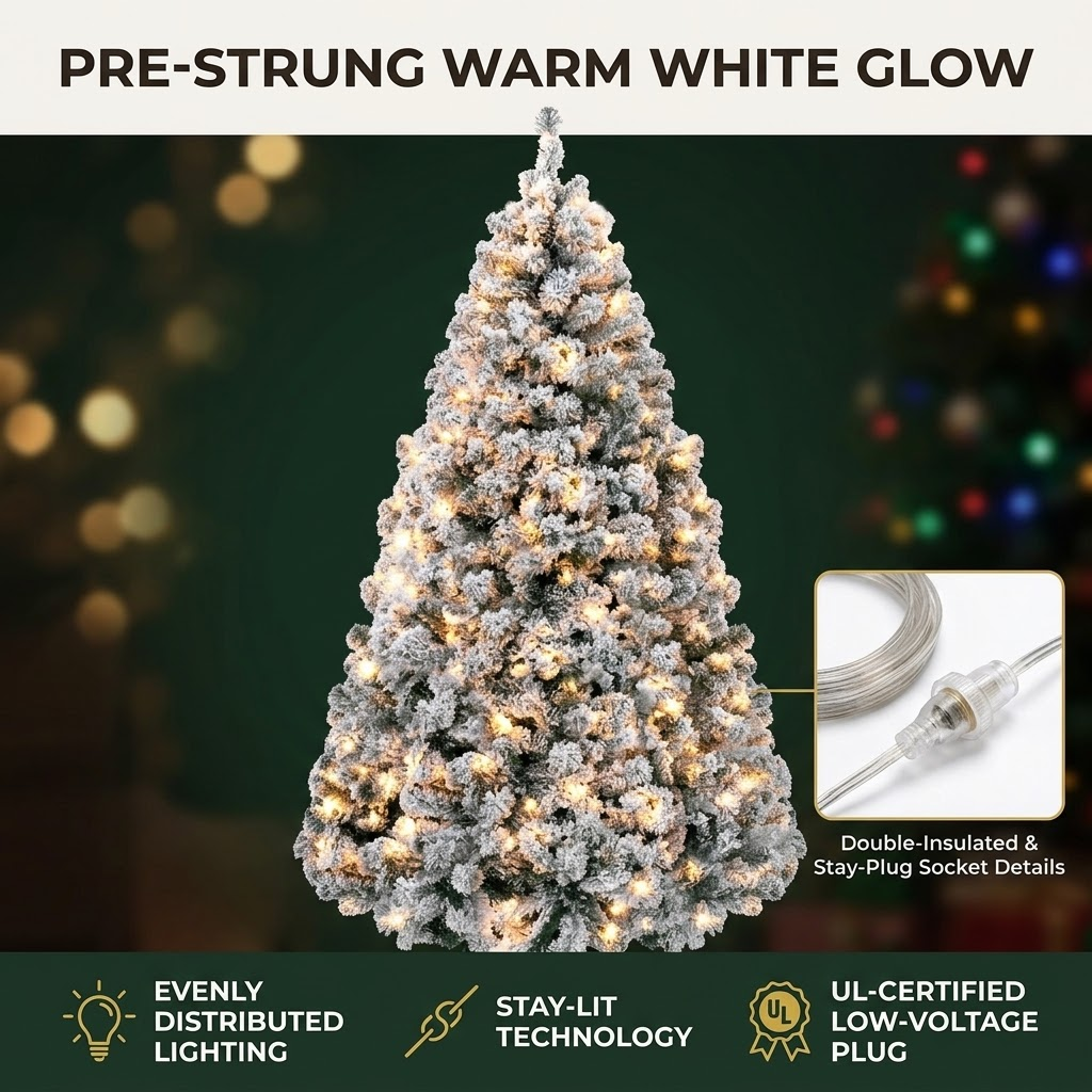 8ft Premium Pre-Lit Flocked Artificial Christmas Tree with Warm White Lights