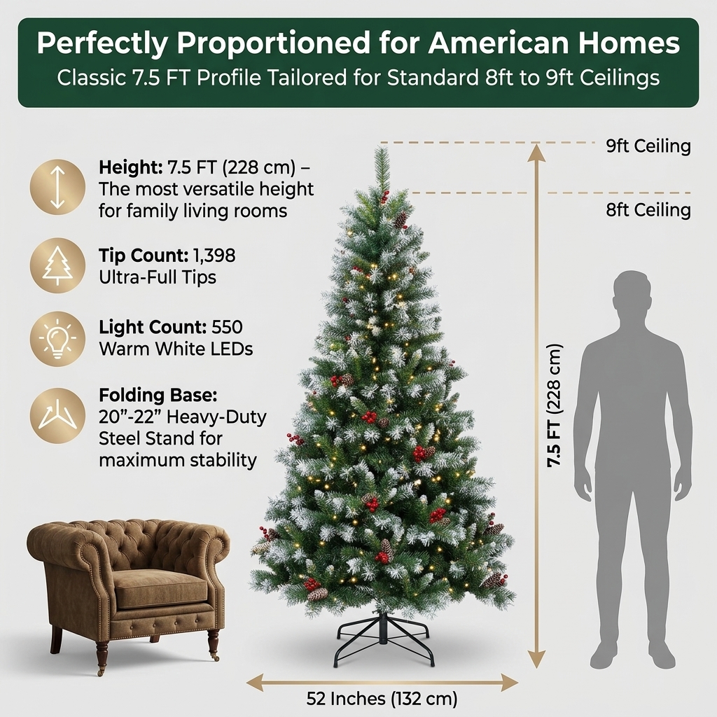 ZMF Christmas Tree 7.5ft pre-lit flocked artificial Christmas tree with pinecones and red berries, decorated with 550 lights