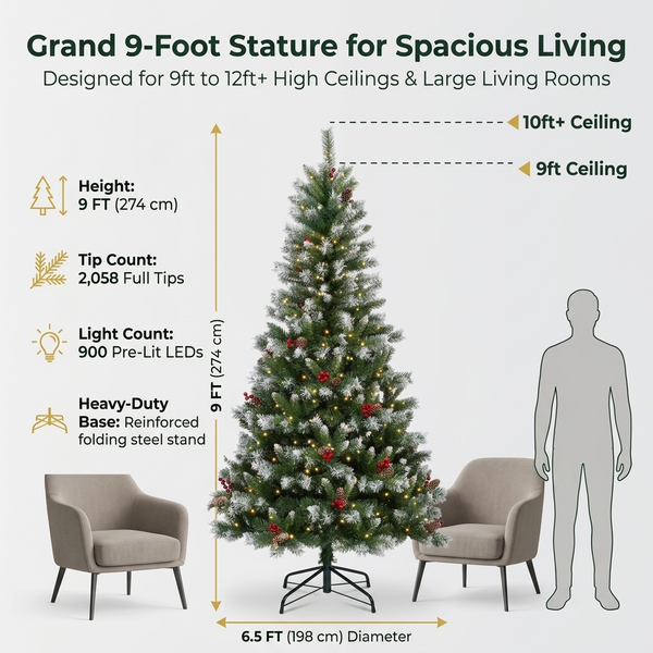 9ft ZMF Christmas Tree with flocked branches, 900 lights, pinecones, and red berries, pre-lit artificial Christmas tree.