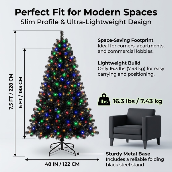 6.5ft Premium Black Pre-Lit Artificial Christmas Tree with Multi-Color Lights