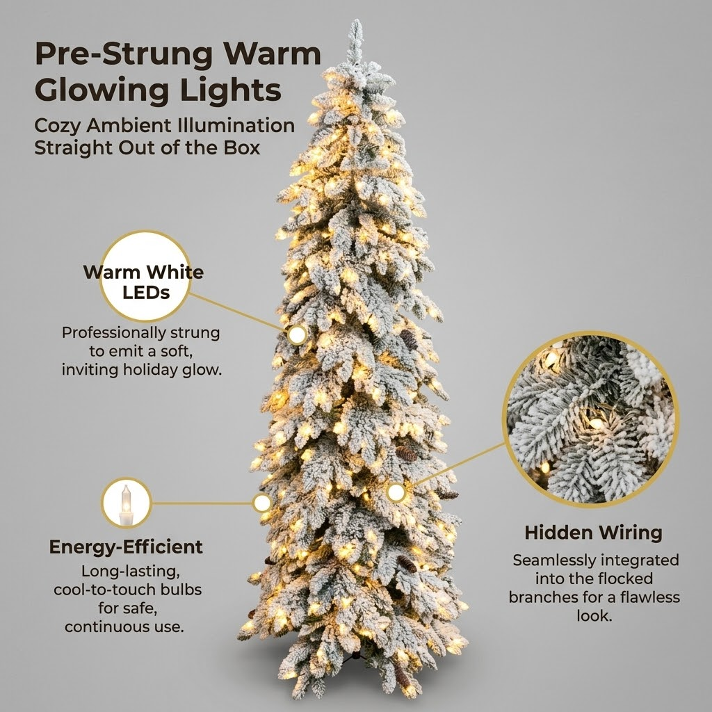 7.5ft Premium Slim Snow Flocked Pre-Lit Artificial Christmas Tree with Warm White Lights & Pinecones (Pencil Style)