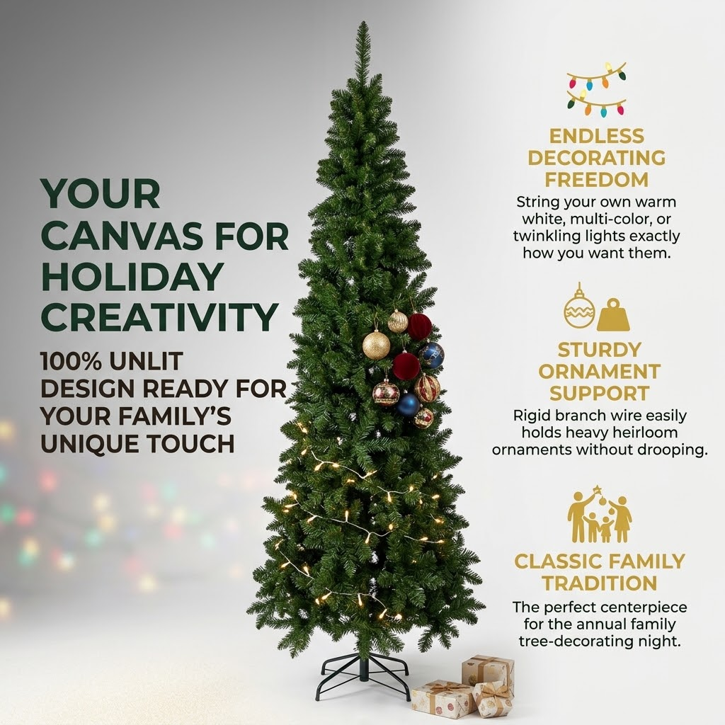 7ft Premium Slim Classic Green Unlit Artificial Christmas Tree (Pencil Style)