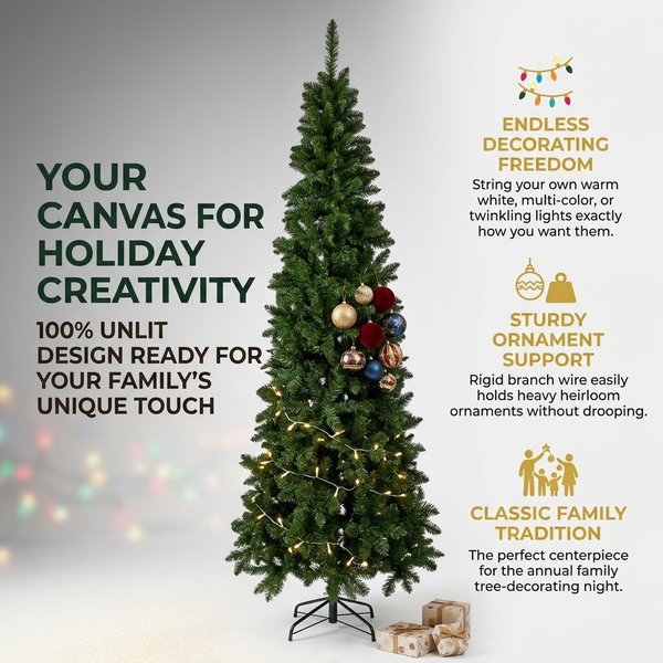 7ft Premium Slim Classic Green Unlit Artificial Christmas Tree (Pencil Style)