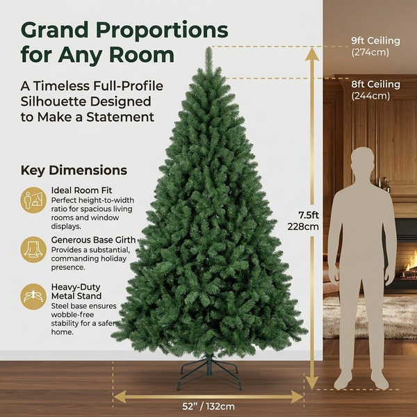 7.5ft Premium Classic Green Unlit Artificial Christmas Tree (Full Profile)