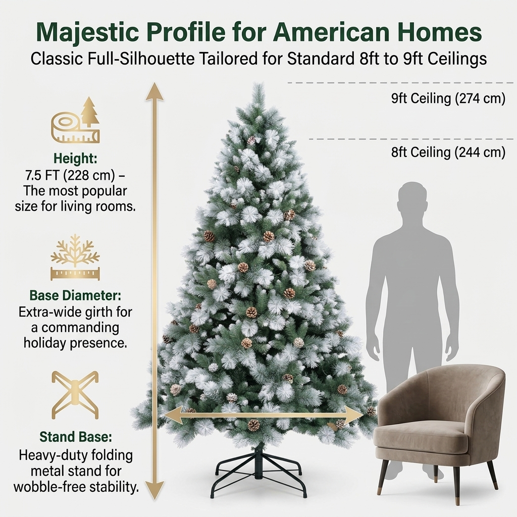 ZMF Christmas Tree 8ft artificial snow-flocked Christmas tree with pinecones, unlit, realistic holiday decoration for home.