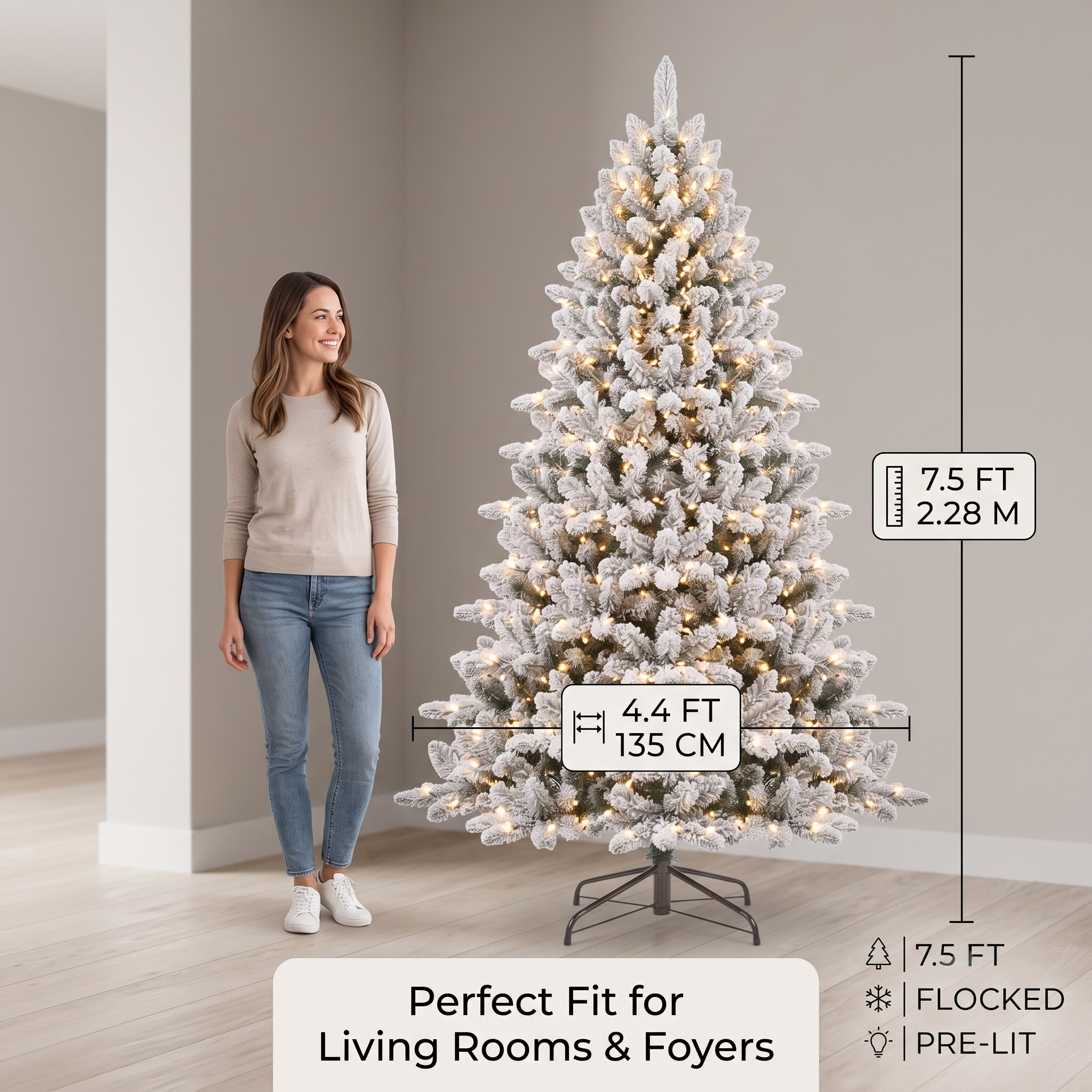 ZMF 7.5ft Pre-Lit Snow Flocked Christmas Tree | 11 Modes