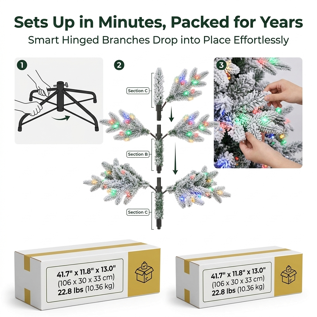 7 ft ZMF Christmas Tree with flocked branches and multi-color lights, artificial PE and PVC hybrid Christmas tree.