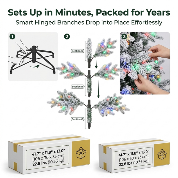 7 ft ZMF Christmas Tree with flocked branches and multi-color lights, artificial PE and PVC hybrid Christmas tree.