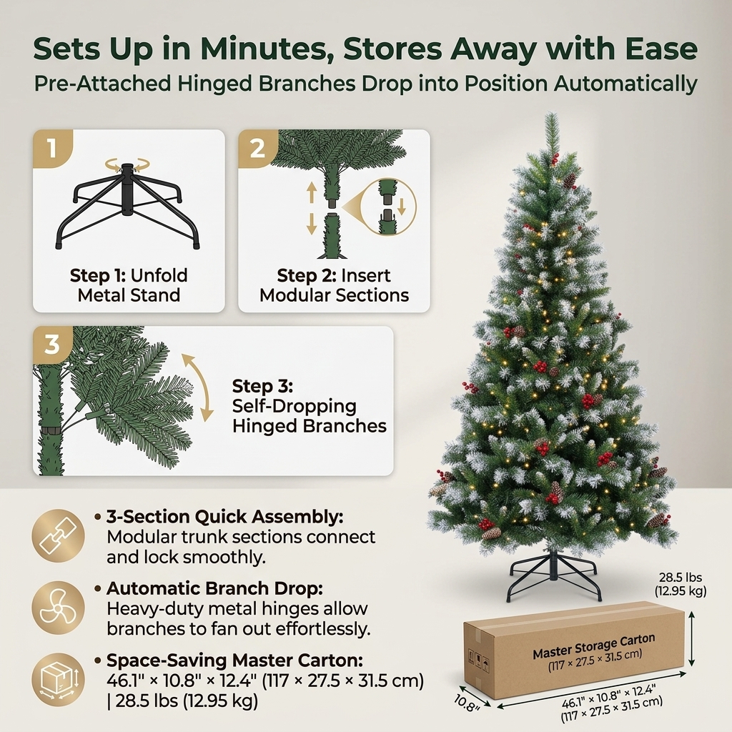 7.5ft ZMF Christmas Tree with flocked branches, 550 lights, pinecones, and red berries, pre-lit artificial Christmas tree.