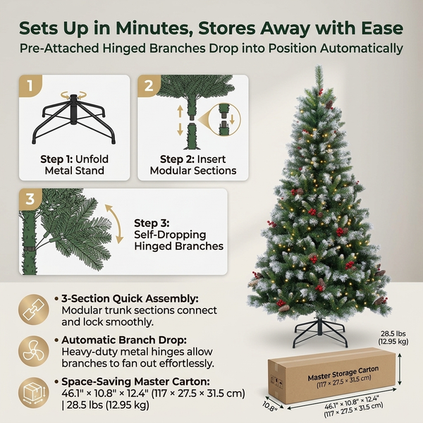 7.5ft ZMF Christmas Tree with flocked branches, 550 lights, pinecones, and red berries, pre-lit artificial Christmas tree.