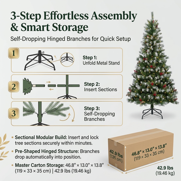 9ft ZMF Christmas Tree with flocked branches, 900 lights, pinecones, and red berries, showcasing its festive holiday decoration.