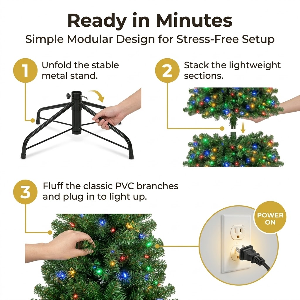 6ft Premium Pre-Lit Classic Green Artificial Christmas Tree with Multi-Color Lights