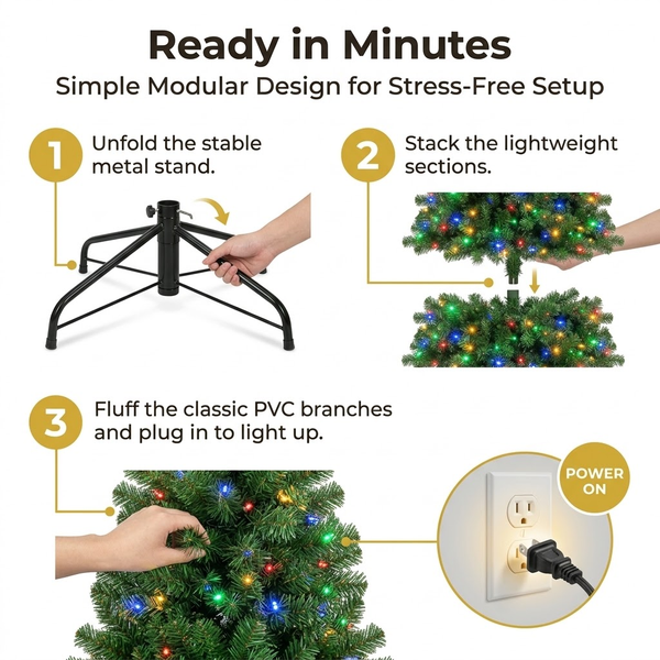 6ft Premium Pre-Lit Classic Green Artificial Christmas Tree with Multi-Color Lights