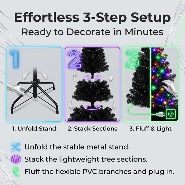6.5ft Premium Black Pre-Lit Artificial Christmas Tree with Multi-Color Lights