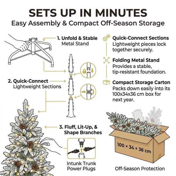7.5ft Premium Slim Snow Flocked Pre-Lit Artificial Christmas Tree with Warm White Lights & Pinecones (Pencil Style)