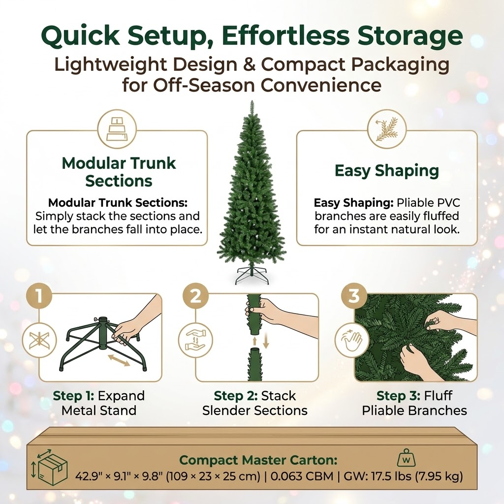 7ft Premium Slim Classic Green Unlit Artificial Christmas Tree (Pencil Style)