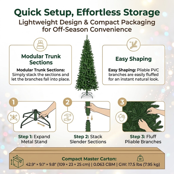 7ft Premium Slim Classic Green Unlit Artificial Christmas Tree (Pencil Style)