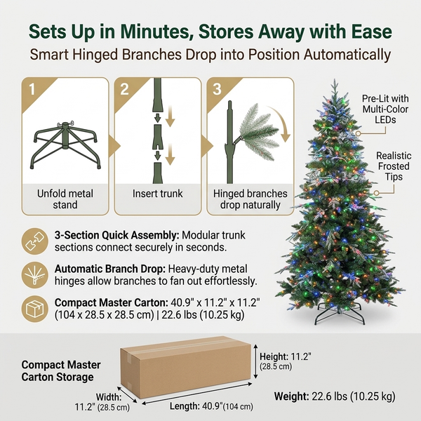 ZMF Christmas Tree 6.5ft pre-lit frosted artificial Christmas tree with 350 multi-color lights, mix of PE and PVC branches