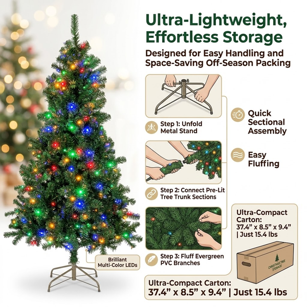 6ft Premium Pre-Lit Classic Green Artificial Christmas Tree with Multi-Color Lights
