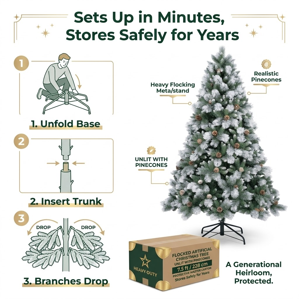 9ft Premium Flocked Unlit Artificial Christmas Tree with Pinecones (PE & PVC Hybrid)