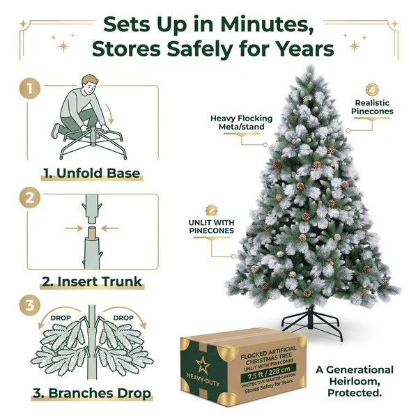 9ft Premium Flocked Unlit Artificial Christmas Tree with Pinecones (PE & PVC Hybrid)