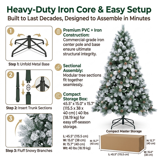 ZMF Christmas Tree 8ft artificial snow-flocked Christmas tree with pinecones, unlit, realistic pine branch details for holiday decor