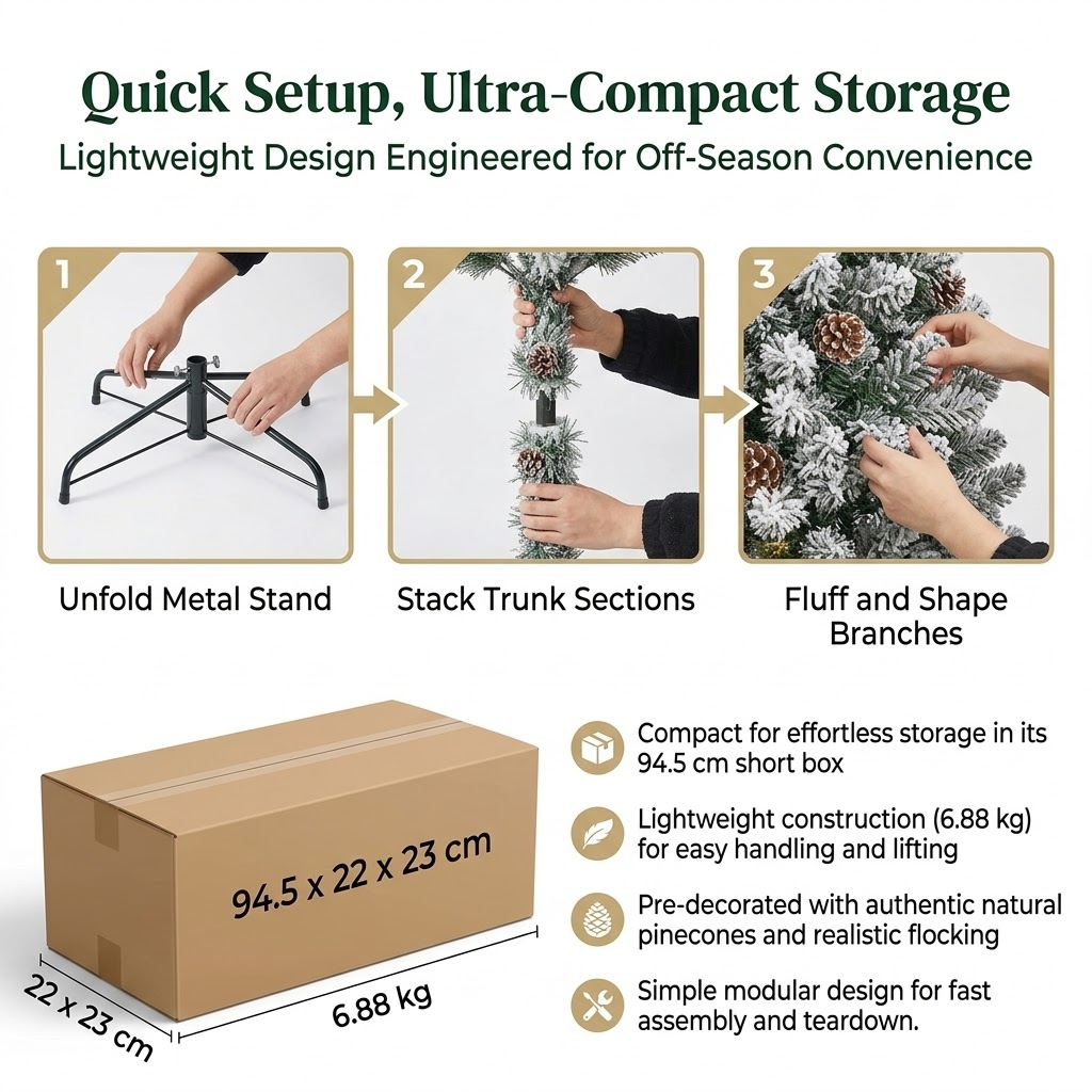 6ft Premium Slim Snow Flocked Unlit Artificial Christmas Tree with Pinecones (Pencil Style)