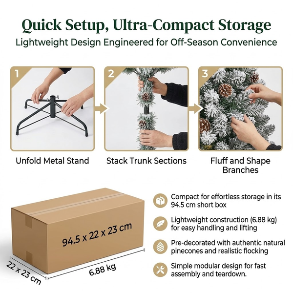 6ft Premium Slim Snow Flocked Unlit Artificial Christmas Tree with Pinecones (Pencil Style)