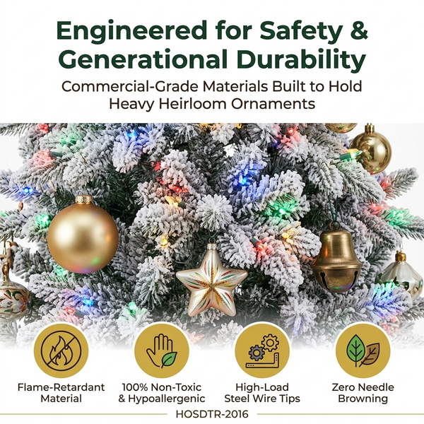 ZMF Christmas Tree 7 ft flocked pre-lit artificial Christmas tree with multi-color LED lights, PE and PVC hybrid branches, full and lush.