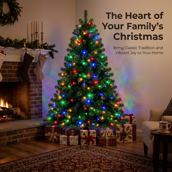 6ft Premium Pre-Lit Classic Green Artificial Christmas Tree with Multi-Color Lights