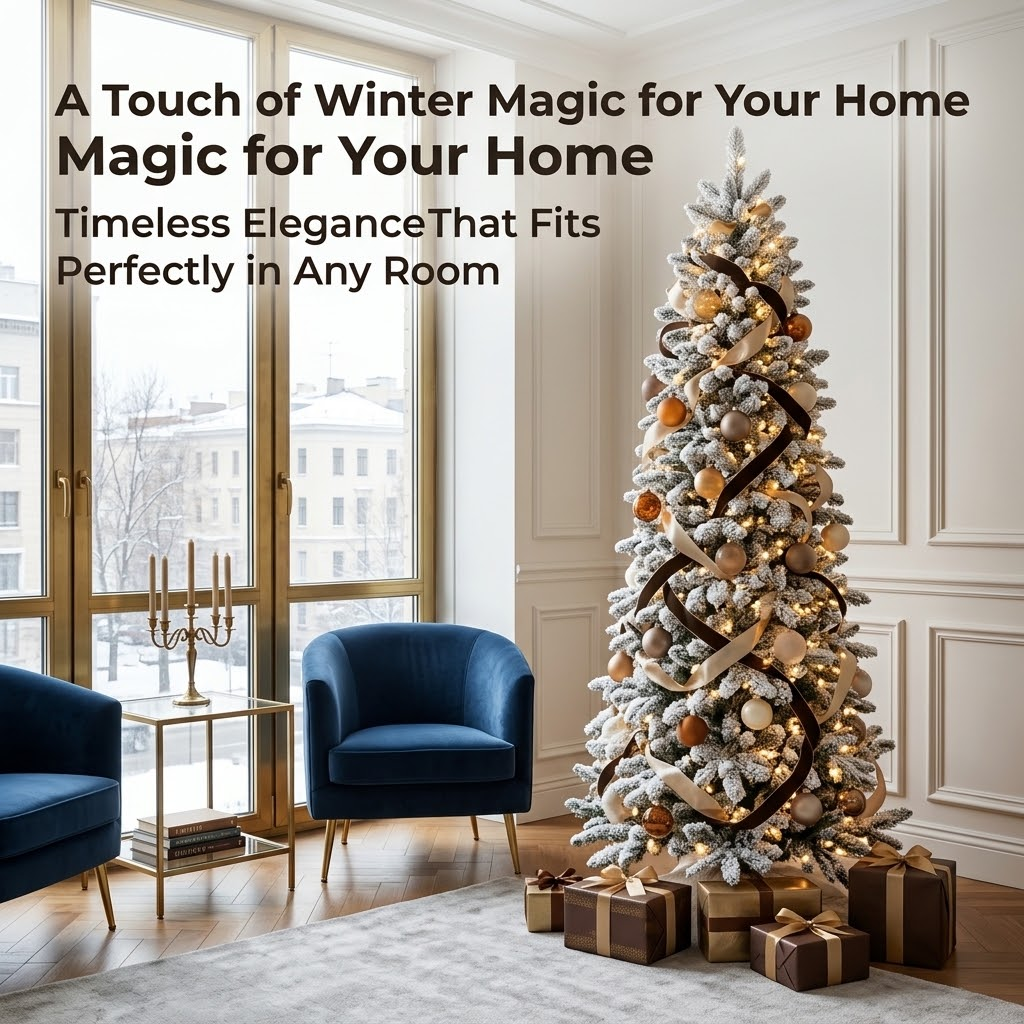 7.5ft Premium Slim Snow Flocked Pre-Lit Artificial Christmas Tree with Warm White Lights & Pinecones (Pencil Style)