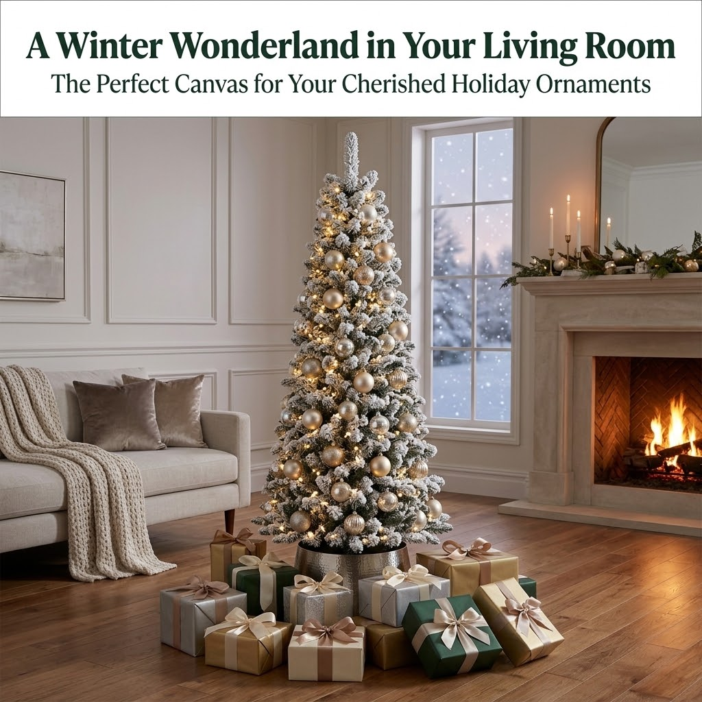 7.5ft Premium Slim Heavily Snow Flocked Unlit Artificial Christmas Tree (Pencil Style)
