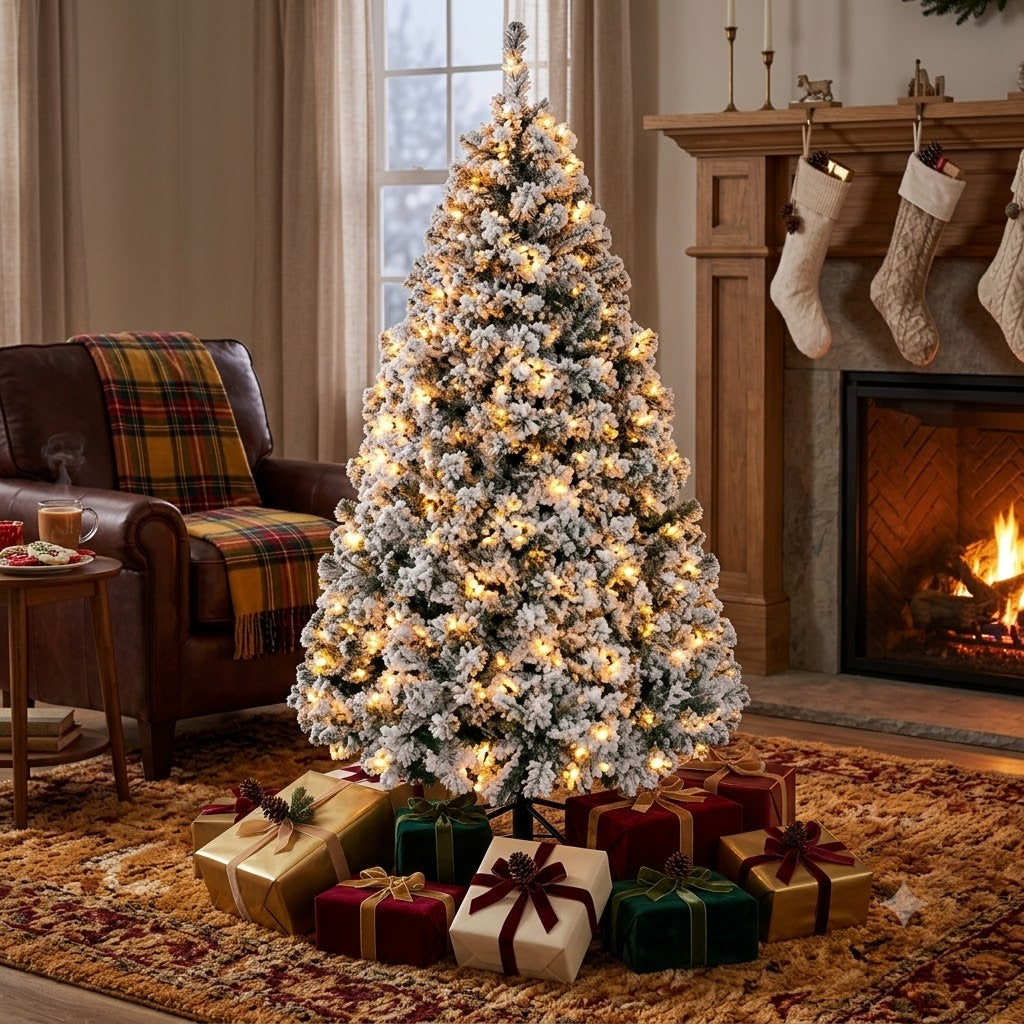 ZMF 6ft Pre-Lit Snow Flocked Christmas Tree | 11 Lighting Modes