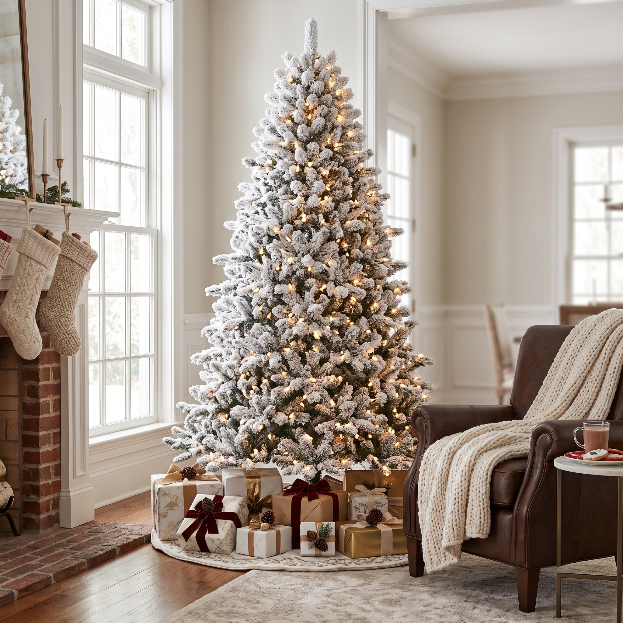 ZMF 7.5ft Pre-Lit Snow Flocked Christmas Tree | 11 Modes