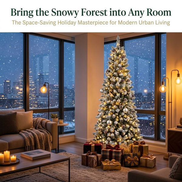 6ft Premium Slim Snow Flocked Unlit Artificial Christmas Tree with Pinecones (Pencil Style)
