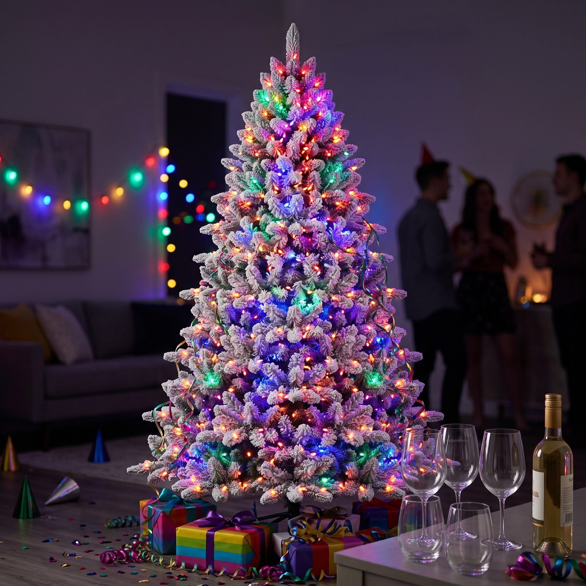 ZMF 7.5ft Pre-Lit Snow Flocked Christmas Tree | 11 Modes