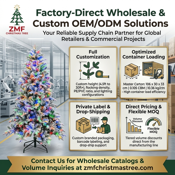 7 ft ZMF Christmas Tree with flocked branches, multi-color lights, artificial PE and PVC hybrid for festive holiday decor.