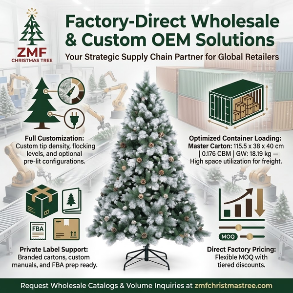 8ft ZMF Christmas Tree with snow-flocked branches and pinecones, unlit artificial Christmas tree for holiday decorating.