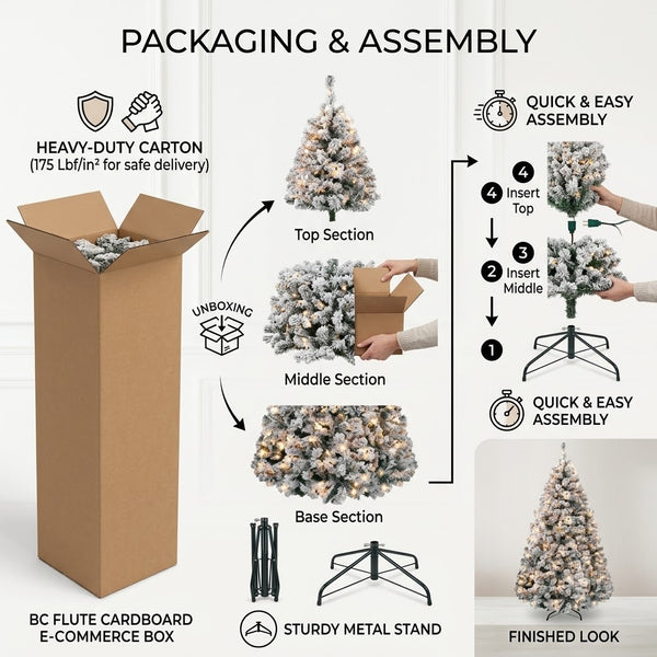 ZMF 6ft Pre-Lit Snow Flocked Christmas Tree | 11 Lighting Modes